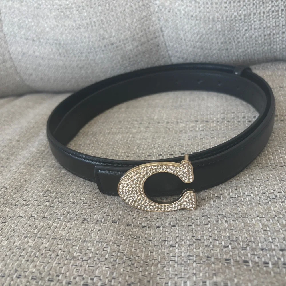 Black Leather Belt with Rhinestone 'C' Buckle - Picture 2 of 2